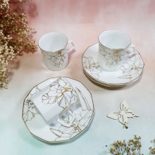 Set trà / cà phê men bóng thân vát cạnh, họa tiết hoa vẽ vàng, viền vàng của Maple.